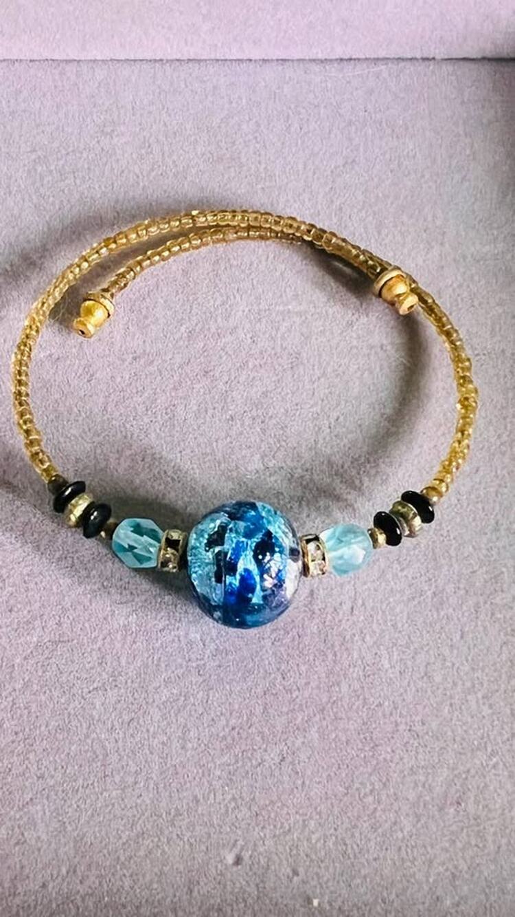 Blue Glass Bead Gold-Tone Wrap Bracelet